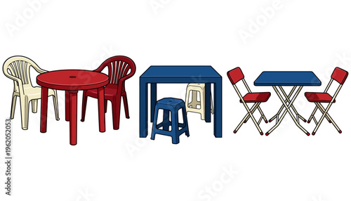 Collection of colorful plastic outdoor tables and chairs including round and square dining sets ideal for patio or garden settings outdoor furniture red blue white beige round table