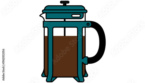 Teal and black French press coffee maker filled with brown liquid and a plunger depicted in a flat graphic style drink beverage brewing kitchenware kitchen appliance caffeine