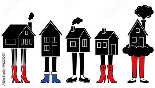 Five stylized black houses with legs wearing various footwear some with smoking chimneys stand in a row Houses and legs are silhouetted against a white backdrop with some perched on clouds
