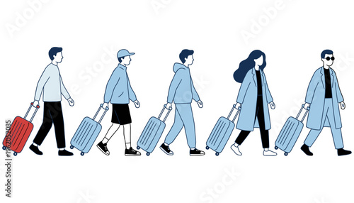 A diverse group of people in casual and business attire are walking with rolling suitcases suggesting travel and movement luggage journey transport vacation airport mobility