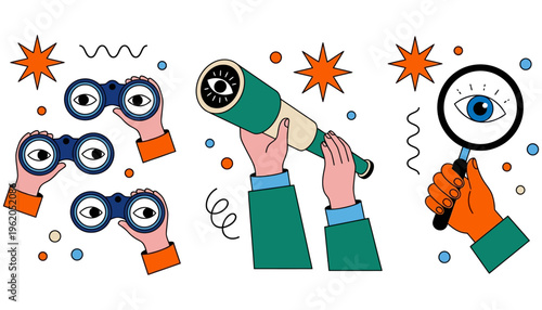 Hands holding binoculars a telescope and a magnifying glass with an eye surrounded by abstract shapes and stars 169 characters search discovery vision research curiosity observation