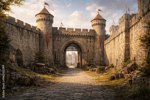A medieval castle gate with stone walls and a cobblestone path.