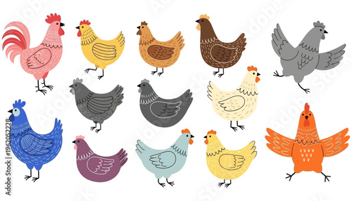 Collection of colorful cartoon roosters and chickens depicted in various poses and pastel shades showcasing farm birds hen poultry animal illustration cute flock domestic