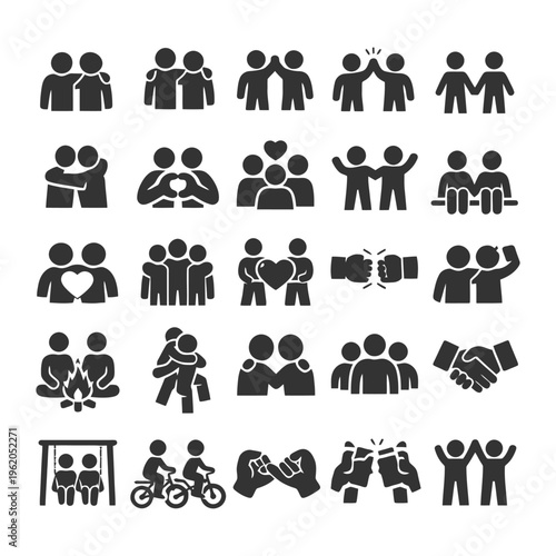 Icons depicting friendship activities and greetings in simplified silhouette style.