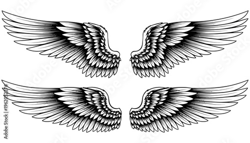 Two pairs of stylized black and white angel or bird wings displayed in horizontal and vertical orientations feature detailed feather texture feathers flight freedom heaven