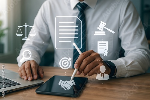 Distinguished businessman in a shirt and tie utilizes a stylus on a digital tablet, surrounded by legal and business icons.