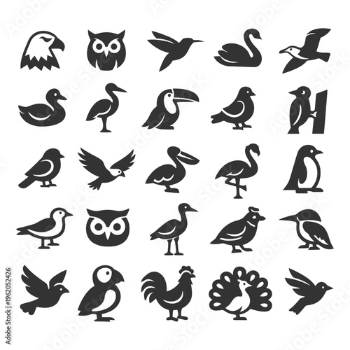 Collection of bird silhouettes including owls, swans, and hummingbirds.