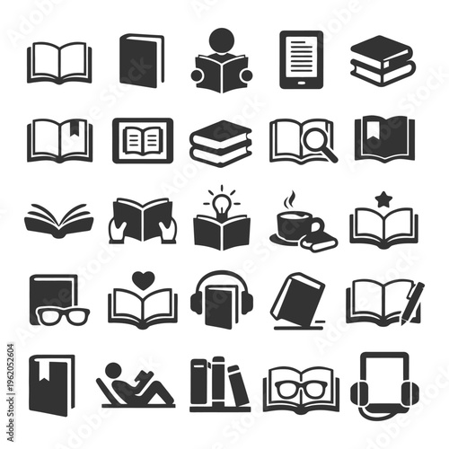 Collection of reading and book icons including e-book and audiobook symbols.