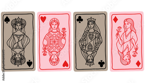 Four illustrated playing cards featuring queens from different suits rendered in a stylized outline drawing with minimal coloring poker casino gambling fortune chance game