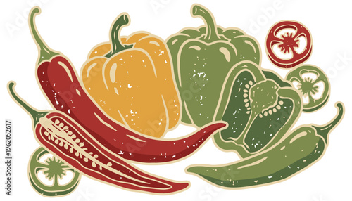 A vibrant illustration displays a rustic arrangement of fresh red chili peppers yellow and green bell peppers and sliced tomatoes suggesting a colorful harvest or culinary theme
