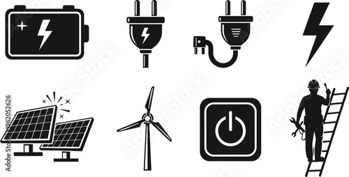Professional energy icons set featuring solar panels wind turbine battery electrical plugs lightning bolt power switch and electrician on ladder