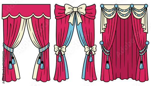 Three decorative draped curtain panels with scalloped valances bows and tassels in pink cream and light blue curtains drapes drapery window fabric textile interior design