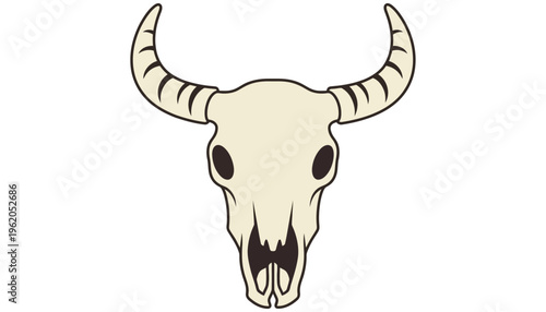 Stylized illustration of a light beige bull skull with dark eye sockets and curved horns featuring black striped accents Its mouth is open showing dark details animal skull