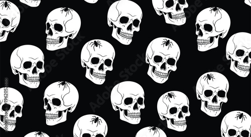 Seamless pattern with white human skulls and black spiders on a dark background for Halloween gothic fashion and spooky decorations