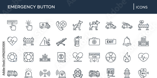 Emergency button and safety response line icon set with evacuation fire medical rescue warning alert symbols outline vector collection