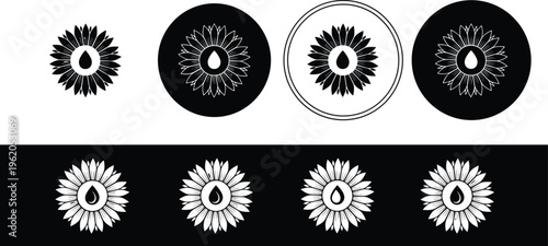 Set of black and white sunflower icons with oil drop centers featuring various circular frame styles and solid silhouette versions