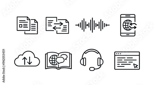 Translation tools and process: bilingual document, arrows between texts, audio waveform, mobile app screen, cloud translation, language book, headset mic, digital text editor