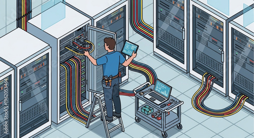 Server Room Technician Maintaining Network Hardware with Laptop.