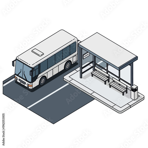Isometric Bus and Bus Stop Illustration for Transportation Concept.