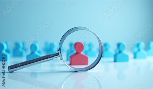 Magnifying Glass Focusing on Red Human Icon in Crowd of Blue Figures