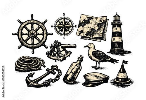 A detailed coastal nautical navigation themed collection of isolated maritime objects and seafaring instruments, presented as a vintage reference sheet of
