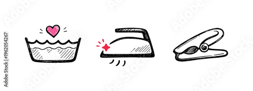 Laundry symbols theme  a horizontal row of 3 related hand-drawn clothing care icons on a white background: a simple wash tub symbol with a tiny pink bubble