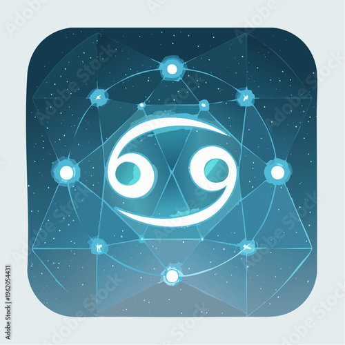 かに座のネオンサイン風星座ベクターアイコン 輝く星と曲線のサイバーパンクデザイン