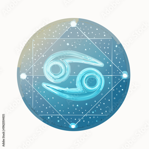 かに座のネオンサイン風星座ベクターアイコン 輝く星と曲線のサイバーパンクデザイン