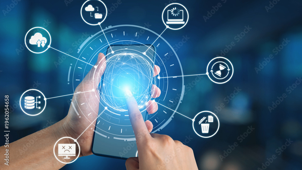 Obraz premium Cloud backup system connects devices through a secure data backup network. Data backup ensures protection, data backup reliability, and recovery. Gist