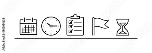 Deadline tracking and timely task completion for maintaining accountability and delivering results within set timeframes, calendar page, clock, checklist sheet, flag, and hourglass