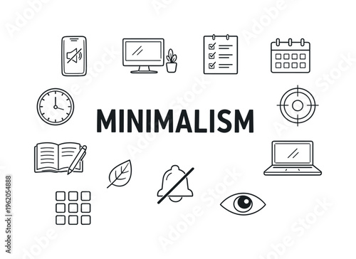 Digital minimalism and focused technology use concept centered on reducing distractions, simplifying digital tools, and improving attention in everyday life. MINIMALISM title