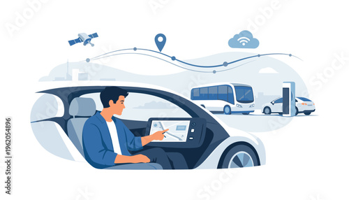 Future mobility scenario showing intelligent vehicles integrated into a digital ecosystem for seamless communication and navigation, with a character interacting with a minimal