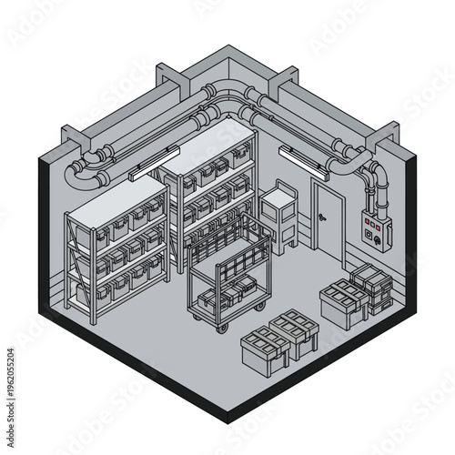 Isometric View of a Storage Room with Shelves and Boxes.