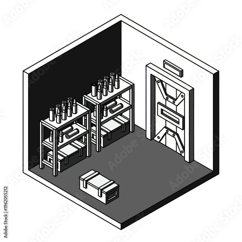 Isometric view of a storage room with shelves and a door.