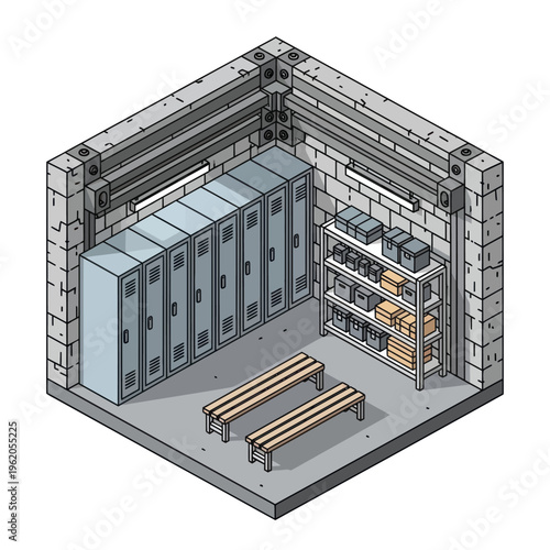 Isometric Locker Room Illustration with Lockers, Benches, and Shelves.