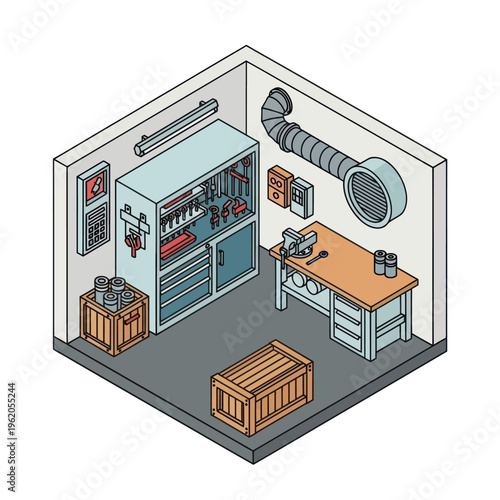 Isometric Workshop Interior with Tools and Equipment Illustration.