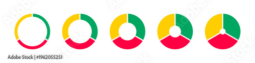 Donut charts, pies segmented on 3 equal parts. Diagrams infographic multicoloured. Wheels divided in three sections. Pie, pizza chart round icons layout set. Circle section graph. Loading bar mockup.