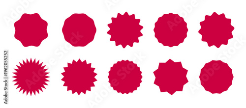 Wavy edge promo red badges. Circle stickers. Star burst shape tags for price. Blank sale sticker. Set of vintage labels. Simple silhouette. Graphic illustration.
