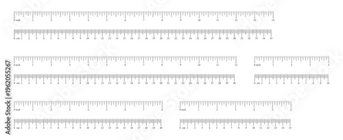 Inch, metric rulers from 4 to 14 inch, 10 to 35 cm. Measuring tool template. Scale for ruler centimeters, inches. Inches, centimeters measuring scales. Metrics indicator cm, inch. Measuring scale icon