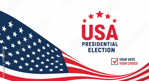 American flag waving with USA text and supporting text, vibrant design for political campaigns, election promotion, and civic engagement material.