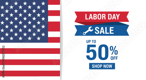 American flag with Labor Day Sale banner and 50% off text, vibrant colors, clean design, perfect for holiday promotions, retail marketing, and e-commerce advertising.