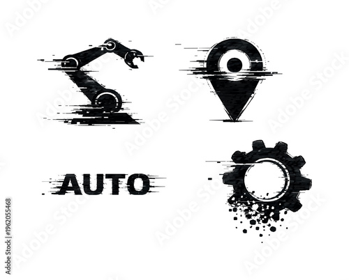 Autonomous systems and robotic control concept  a set of three glitch-distorted monochrome symbols presented as isolated floating elements on a perfectly clean