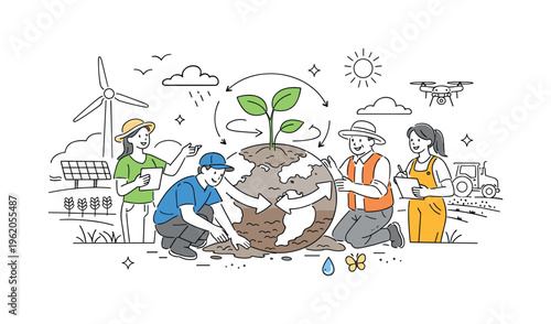 A future-focused agriculture environment where teams implement regenerative systems to maintain productivity while restoring natural resources, illustrated by a small group