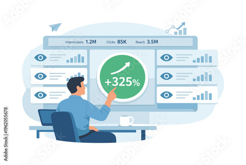 Online advertising optimization concept illustrating a professional monitoring impression distribution and reach across multiple campaigns in a unified dashboard environment, with