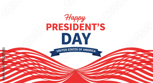 Graphic of Happy President's Day text with red and white abstract flag ribbons, design, concept for political promotions, seasonal social media, and patriotic events.
