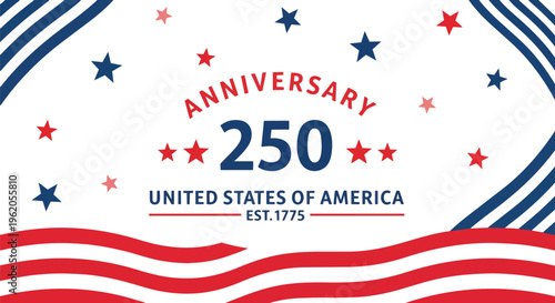 Patriotic design with stars and stripes, celebrating the USA's 250th anniversary in a festive, vibrant style, perfect for patriotic campaigns, event promotion and national holiday celebrations.