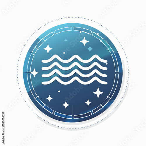 水がめ座のフラットな星座バッジベクターアイコン 波のような星のつながりと円形フレーム