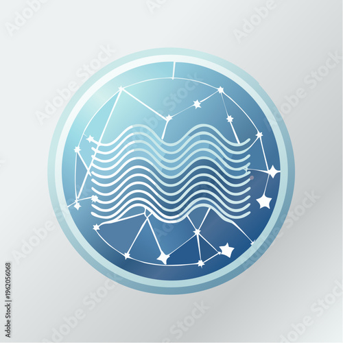 水がめ座のフラットな星座バッジベクターアイコン 波のような星のつながりと円形フレーム