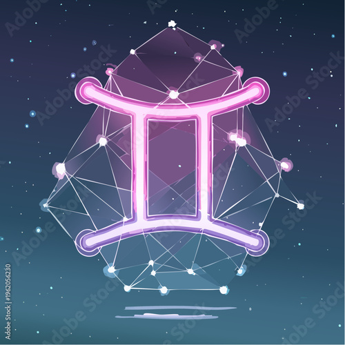 ふたご座の近未来的なネオン星座ベクターアイコン 紫色に光る双子の星のノード