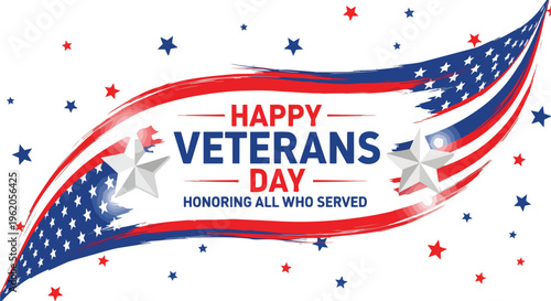 Patriotic graphic with USA flag elements, stars, and Veteran's Day typography on white background, ideal for social media posts, greeting cards, and promotional materials.